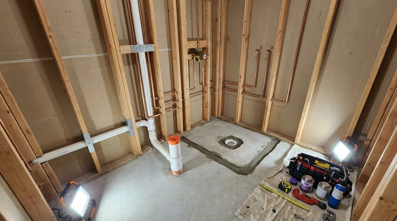 Bathroom rough-in plumbing during remodel by Johns Plumbing LLC in Moundville