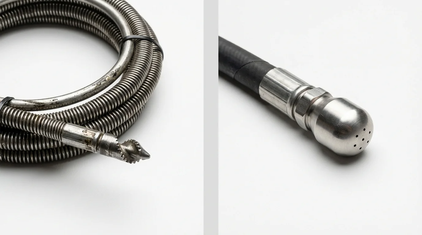 Drain snake cable and hydro jetting nozzle used for drain cleaning in Moundville, AL