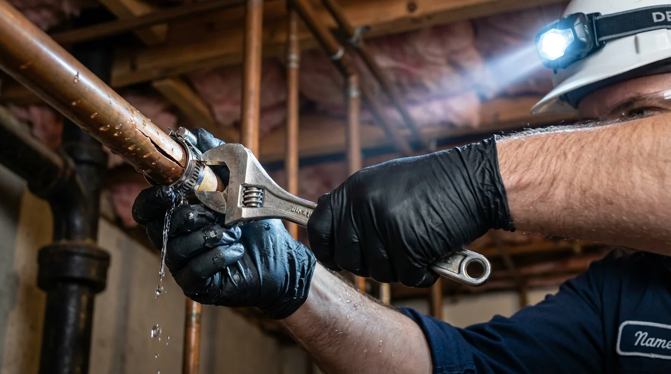 Emergency pipe clamp repair being performed by a Johns Plumbing LLC plumber in Moundville