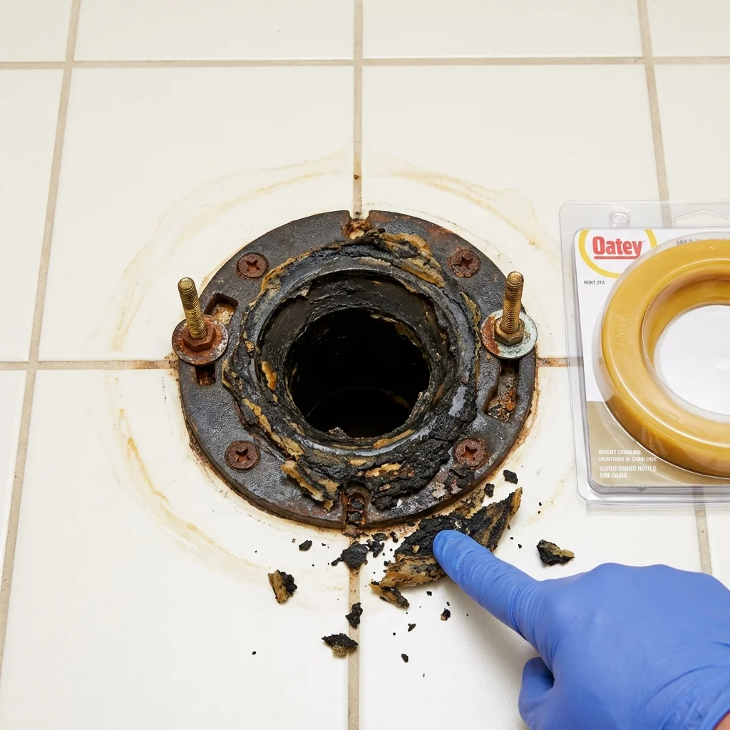 Failed wax ring showing water seepage at the base of a toilet in a Moundville, AL home