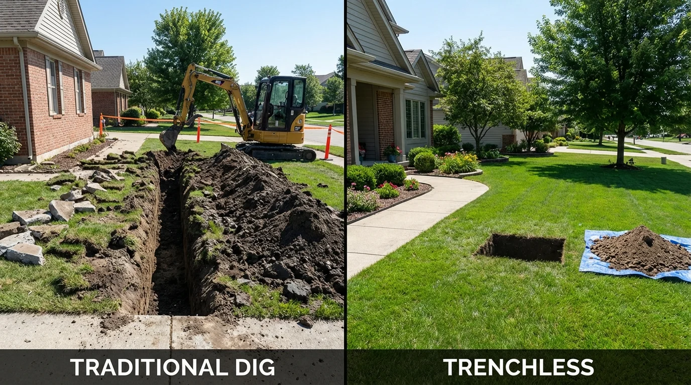 Trenchless sewer repair with minimal yard damage versus traditional excavation in Moundville, AL